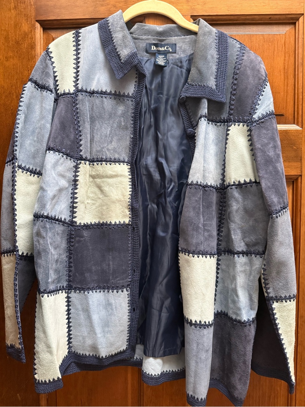 Denim&Co Patchwork Suede Shirt Jacket in Blue & Cream